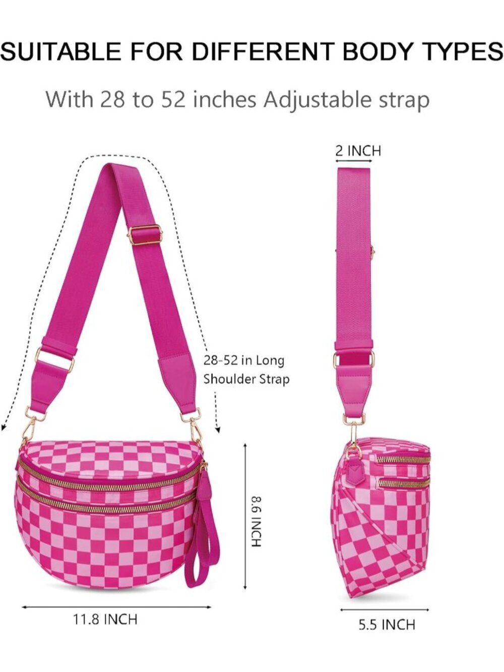 Women's Rose Spacious Checkered Double-Zipper Compartment Fashion Crossbody Bag - Picture 4 of 6